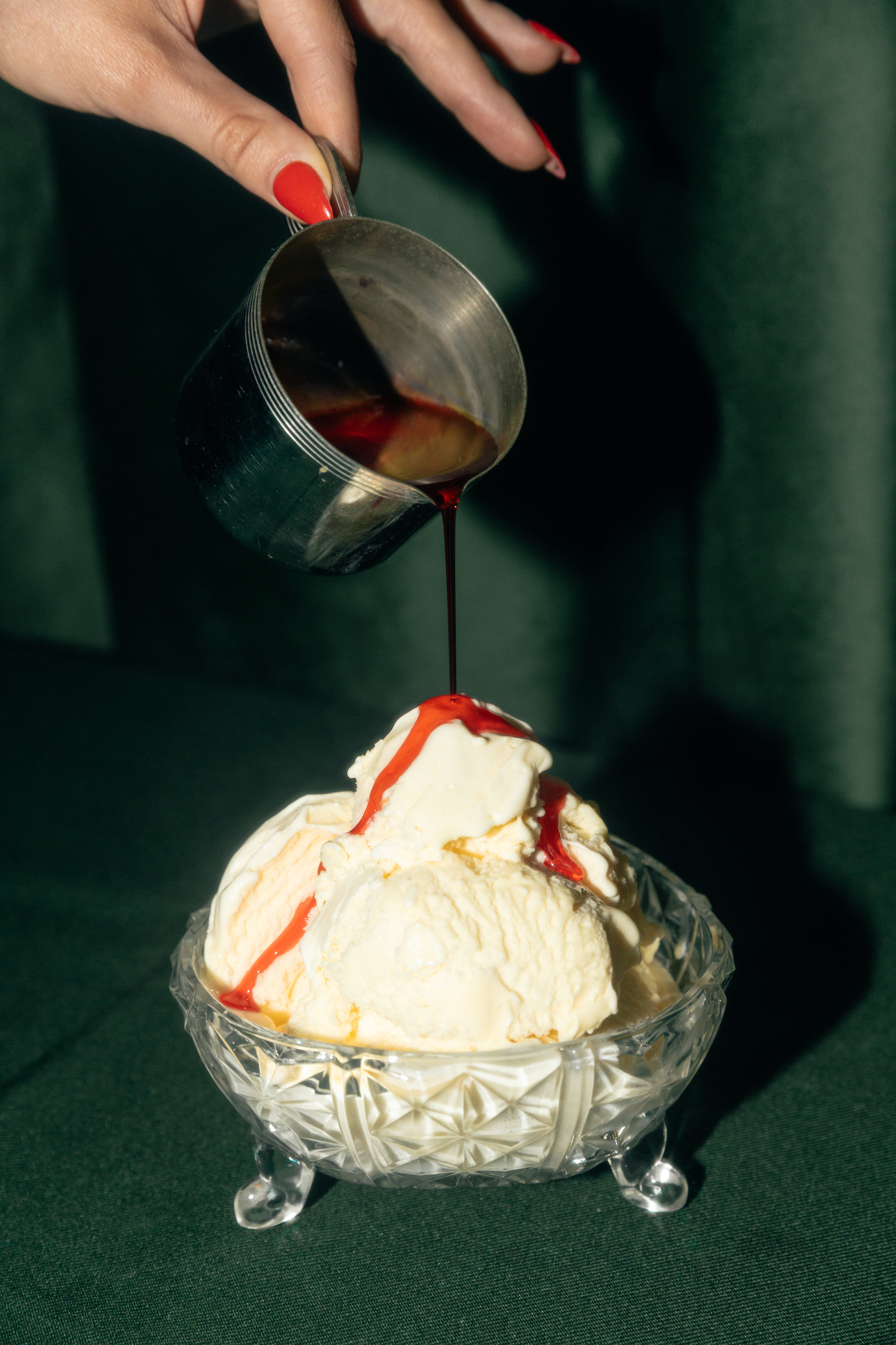 Hotel Food & Drink Pouring Sauce on Ice Cream